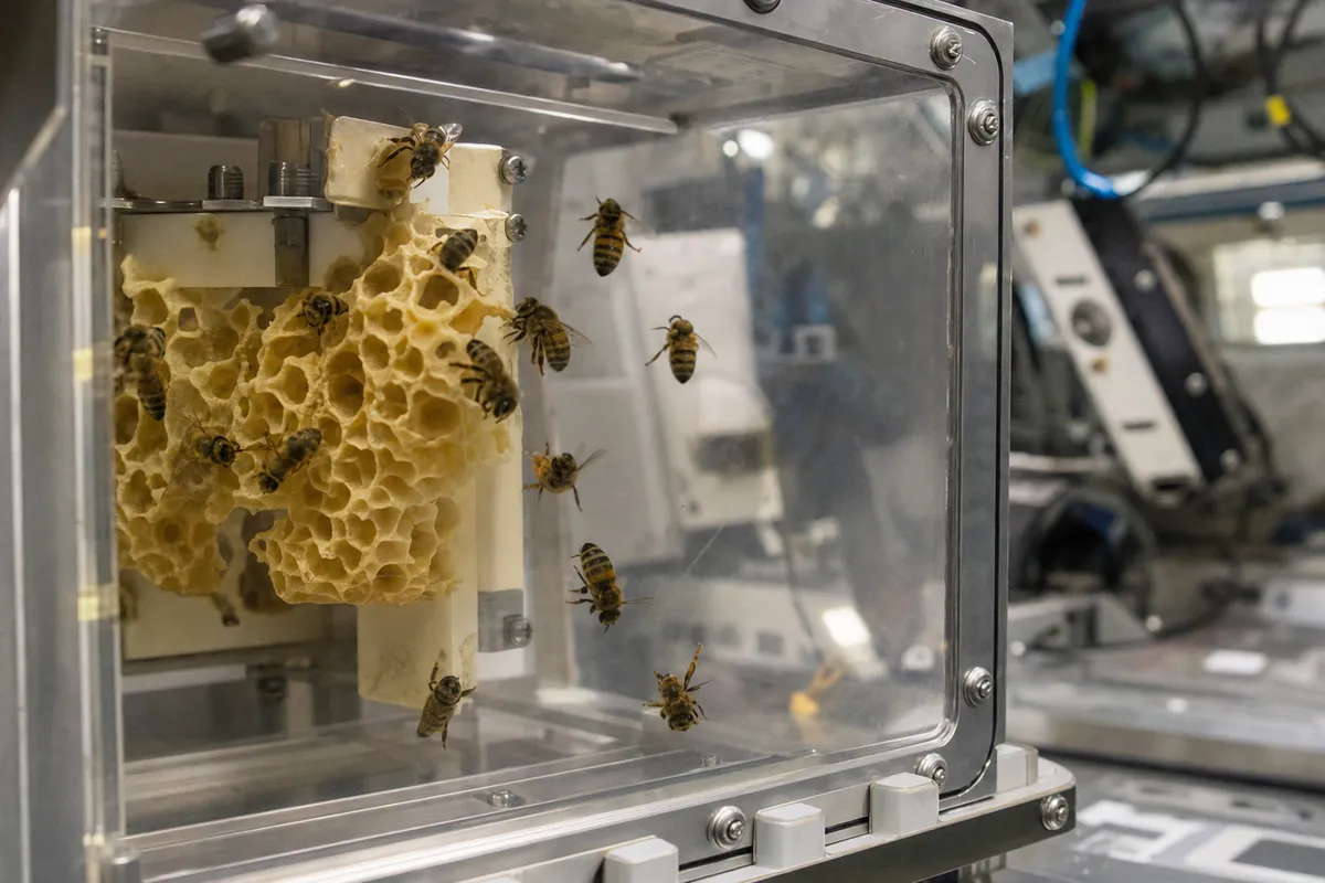Api e favo in una camera di osservazione trasparente in un laboratorio spaziale