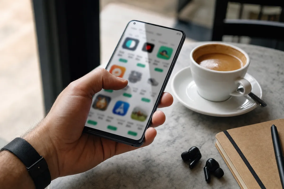 Mano con smartphone aperto su uno store di app sfocato, accanto a caffè, auricolari e taccuino su tavolo
