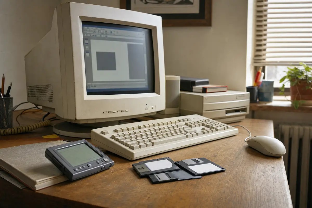 Scrivania con monitor CRT beige, tastiera e mouse cablati, palmare e floppy disk in primo piano