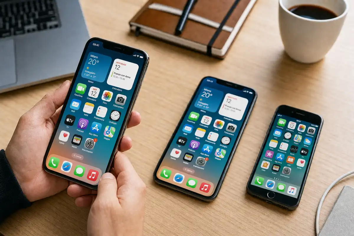 Tre iPhone con schermata Home di iOS su una scrivania, uno tenuto in mano vicino a laptop e tazza di caffè