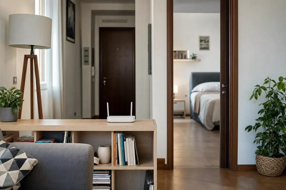 Router Wi‑Fi su una mensola in soggiorno, con corridoio e camera da letto visibile sullo sfondo
