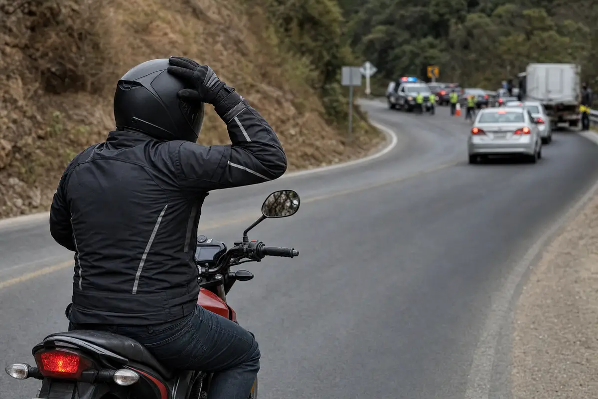Motociclista in giacca nera si tocca il casco mentre procede verso un controllo di polizia su strada in curva