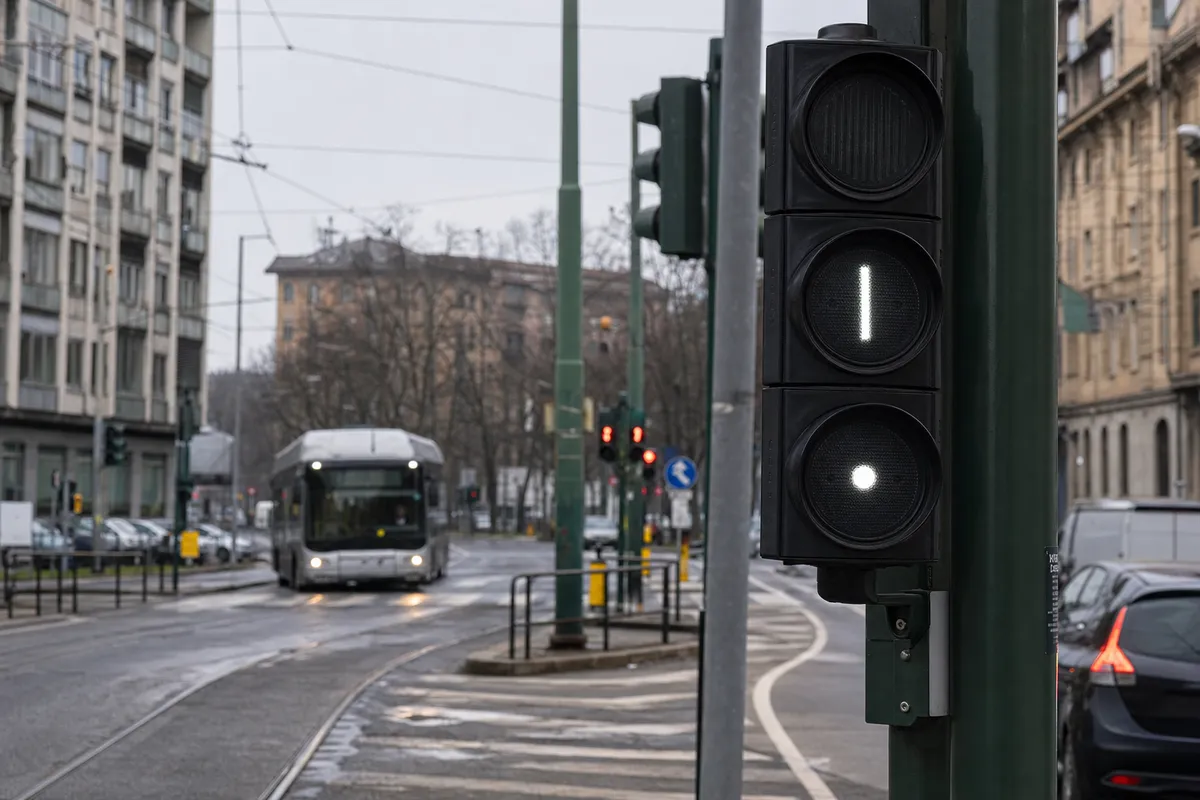 Semaforo per tram e bus con simboli bianchi, davanti a un incrocio urbano con binari e un tram in arrivo