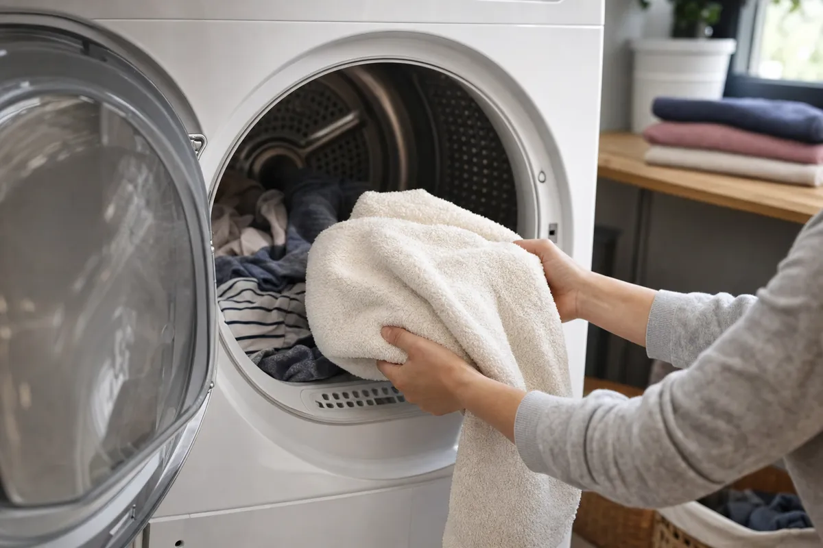 Mains pla�ant une serviette blanche s�che dans un s�che-linge ouvert contenant du linge