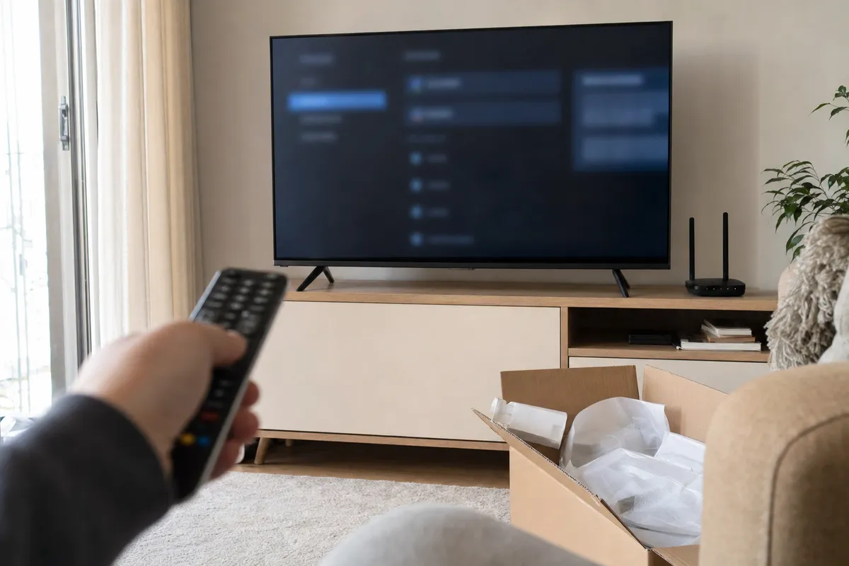 Telecomando puntato verso una smart TV con menu impostazioni sfocato, scatola aperta e router sul mobile