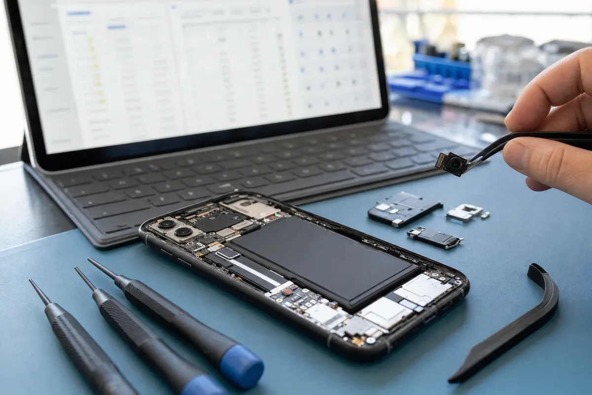 Smartphone aperto su tappetino antistatico con batteria a vista, utensili di precisione e modulo fotocamera in pinzetta