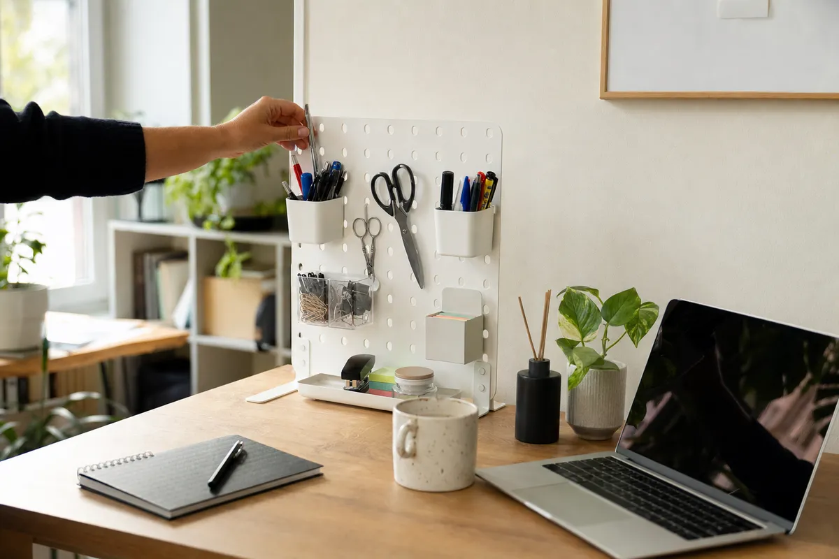 Pegboard bianca da scrivania con porta penne e forbici, vicino a laptop, tazza e quaderno in home office