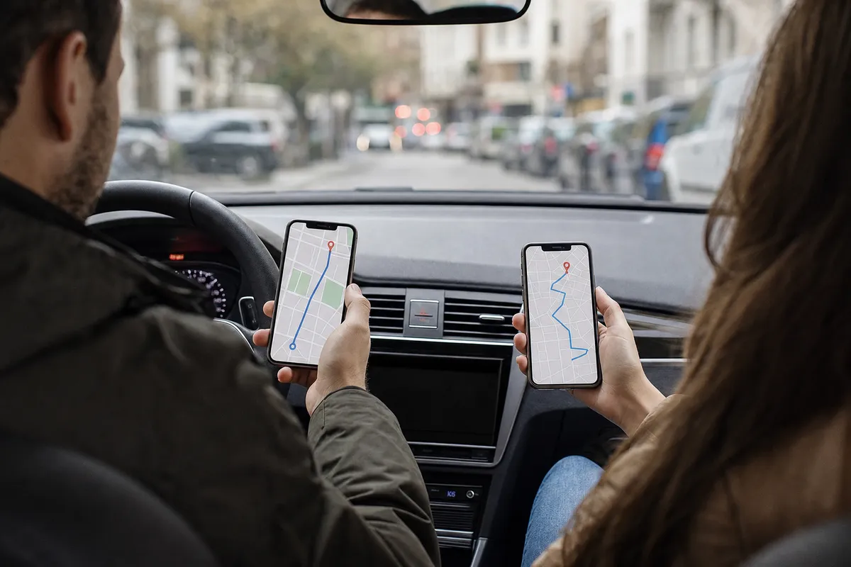 Due persone in auto confrontano due smartphone con mappe di navigazione che mostrano percorsi diversi