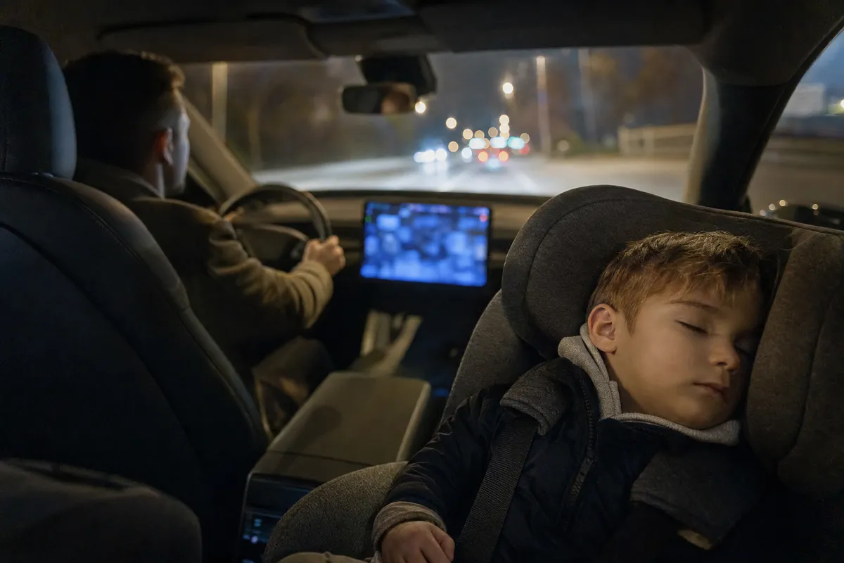 Bambino addormentato nel seggiolino mentre un guidatore conduce l’auto di sera, con schermo centrale sfocato