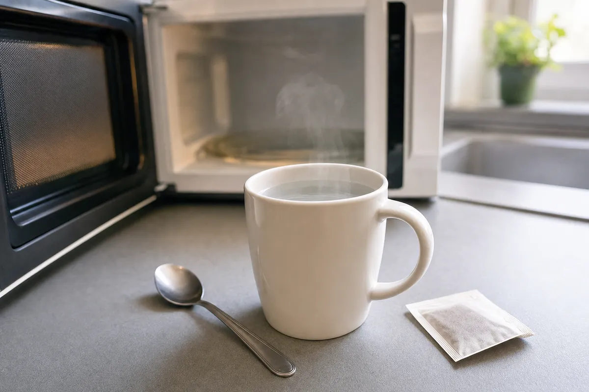 Tazza di ceramica con acqua calda fumante sul piano cucina, con microonde aperto sullo sfondo e cucchiaino accanto