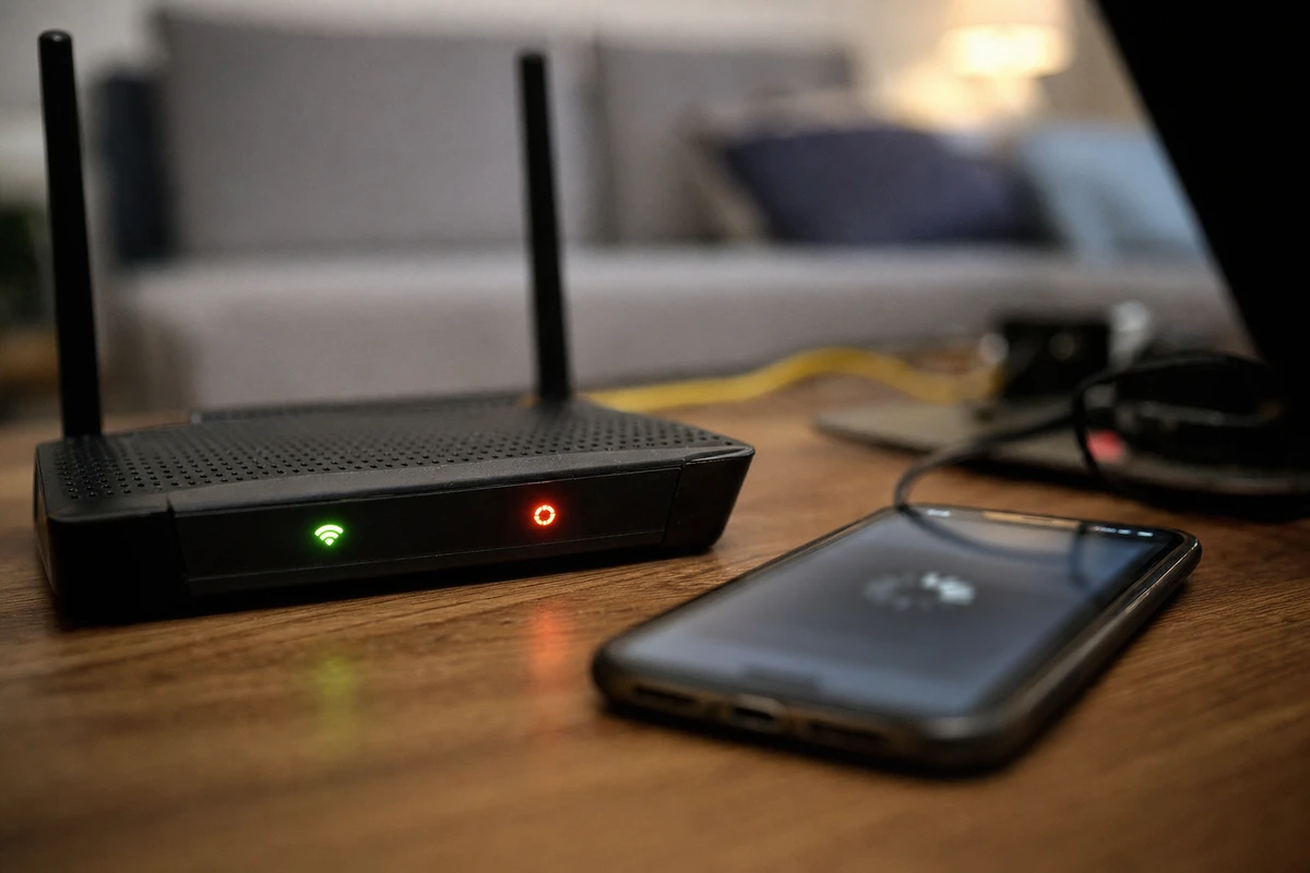 Router Wi‑Fi su un tavolo con spia verde accesa e indicatore rosso, accanto a uno smartphone sfocato
