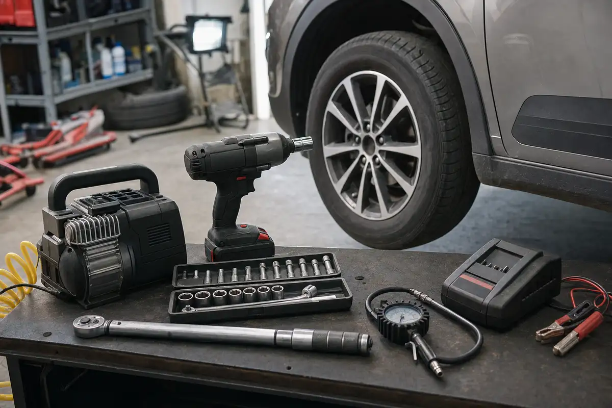 Utensili per manutenzione auto su banco in garage, con avvitatore a impulsi, bussole e ruota dell’auto sullo sfondo