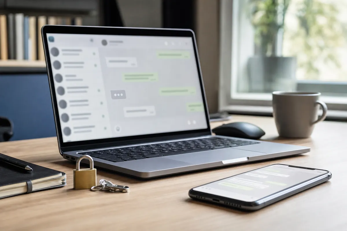 Laptop con chat sfocata e indicatore di attesa, smartphone sul tavolo e lucchetto accanto alla tastiera