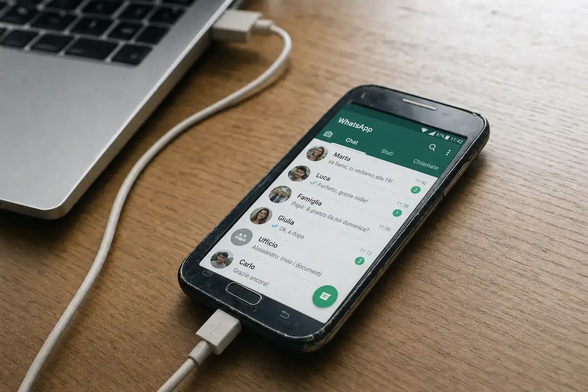 Vecchio smartphone Android con WhatsApp aperto, collegato via cavo USB accanto a un laptop su una scrivania