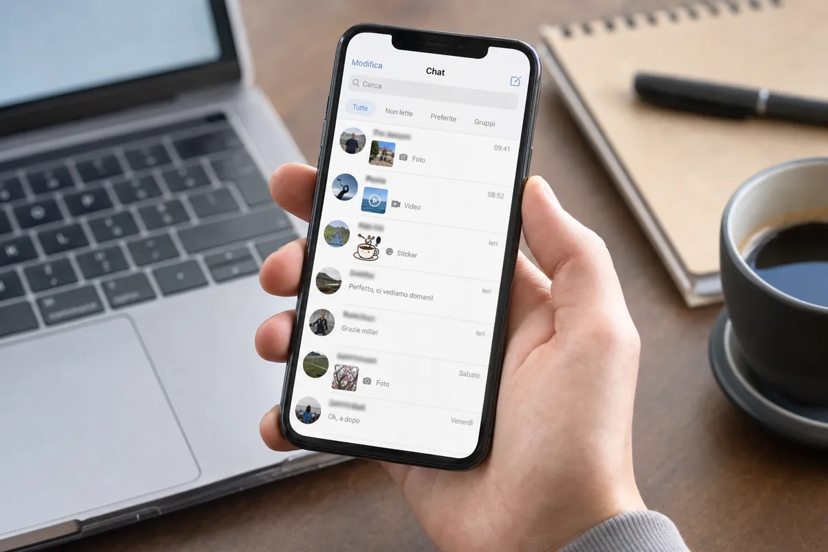 Smartphone in mano con lista chat e anteprime per Foto, Video e Sticker su una scrivania con laptop e tazza di caff�
