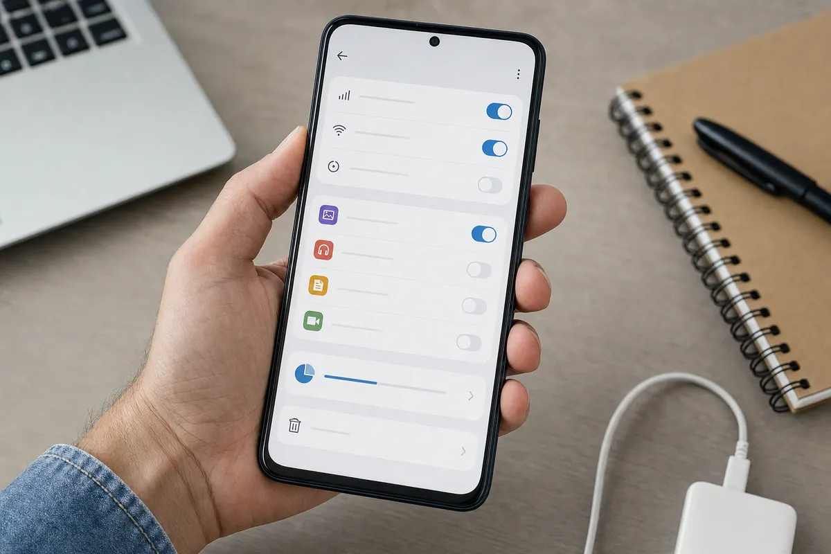 Mano che tiene uno smartphone con schermata di impostazioni e interruttori per gestione dati e download