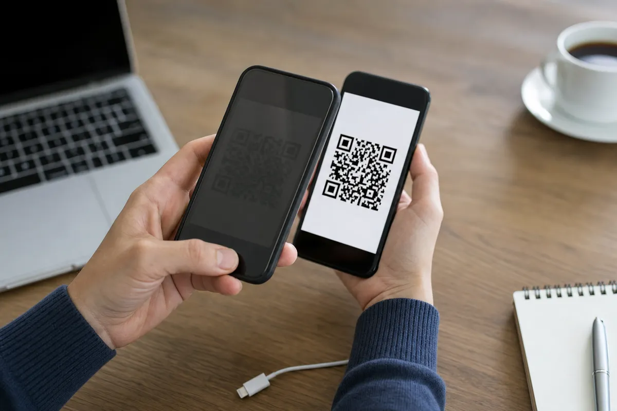 Due smartphone vicini: uno mostra un codice QR mentre l’altro è tenuto in mano per scansionarlo su una scrivania