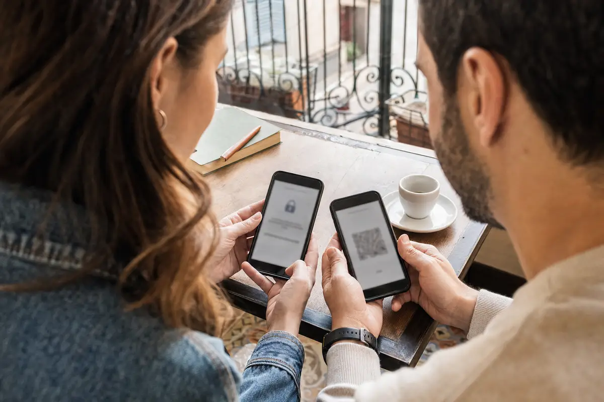 Due persone confrontano sui telefoni una schermata con lucchetto e un codice QR, sedute a un tavolo con tazzina di caffè