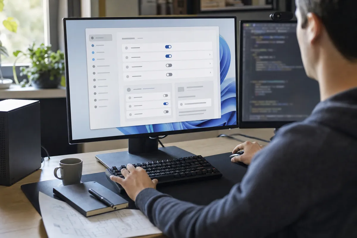 Utente al PC con doppio monitor: pannello impostazioni con interruttori e codice sfocato sullo schermo accanto
