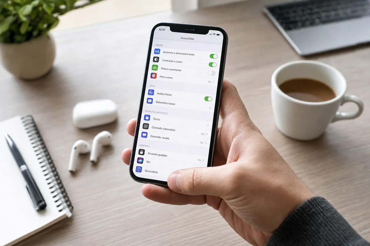 Mano che tiene uno smartphone con il menu Accessibilit� aperto, su scrivania con tazza di caff� e auricolari