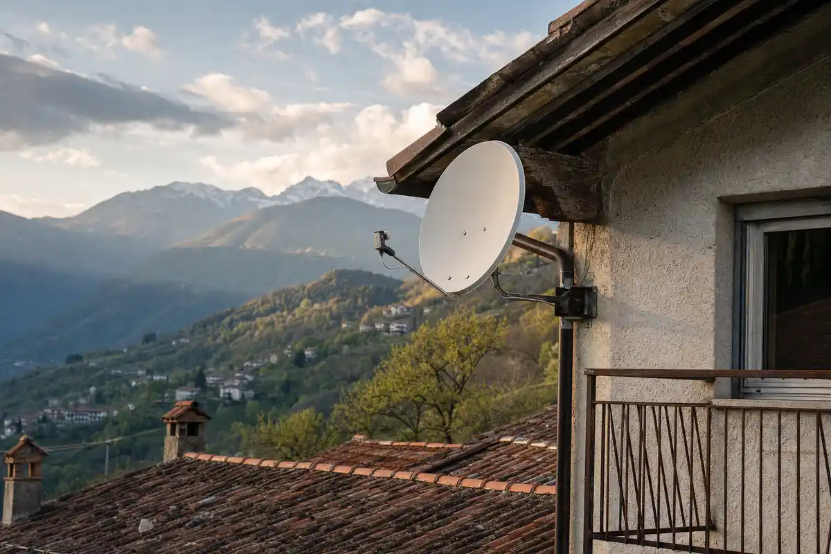 Parabola satellitare montata su una casa di montagna con vallata e cime sullo sfondo