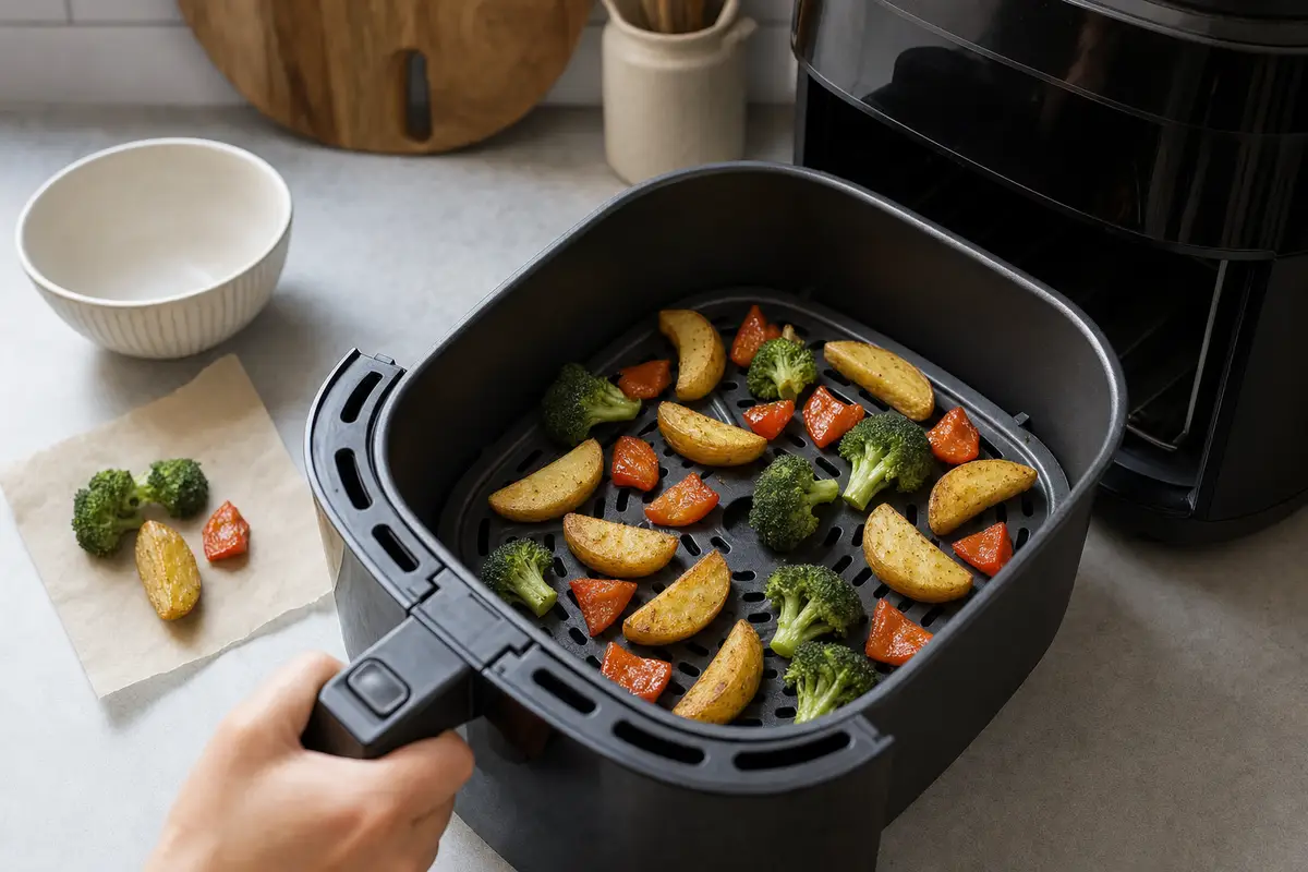 Cestello della friggitrice ad aria aperto con patate, broccoli e peperoni distanziati su un piano cucina