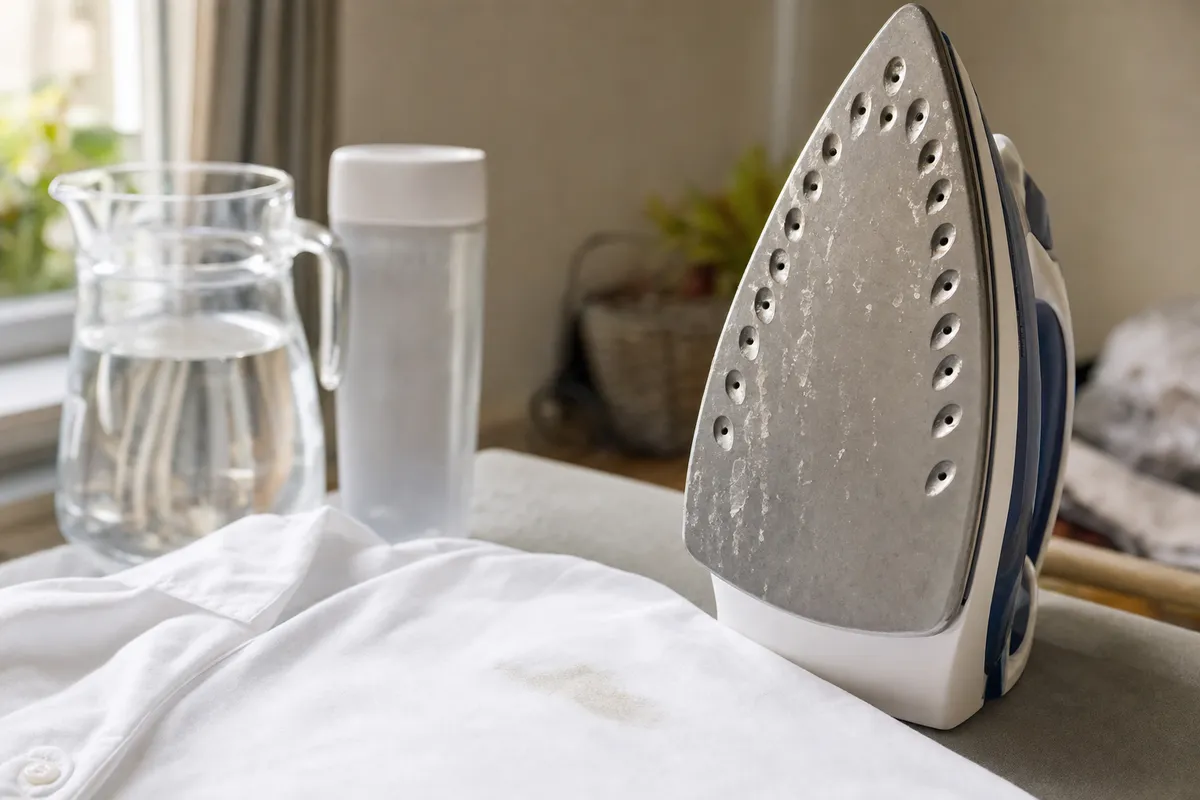 Ferro da stiro con piastra macchiata di calcare su camicia bianca, con caraffa d’acqua e borraccia sullo sfondo
