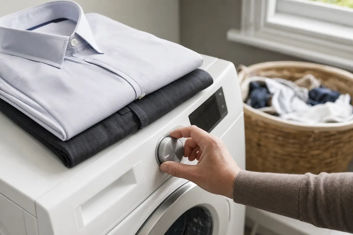Mano che gira la manopola della lavatrice con camicia chiara e pantaloni scuri piegati sopra, cesto bucato sullo sfondo