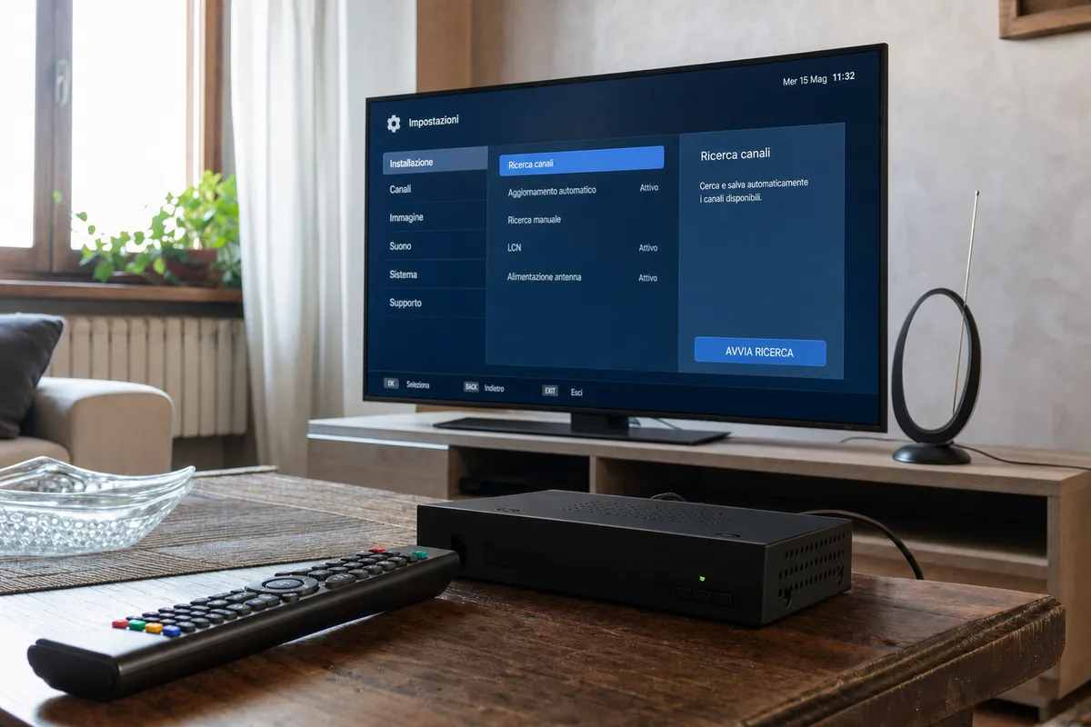 TV in salotto con menu Impostazioni su Ricerca canali, decoder e telecomando sul tavolo
