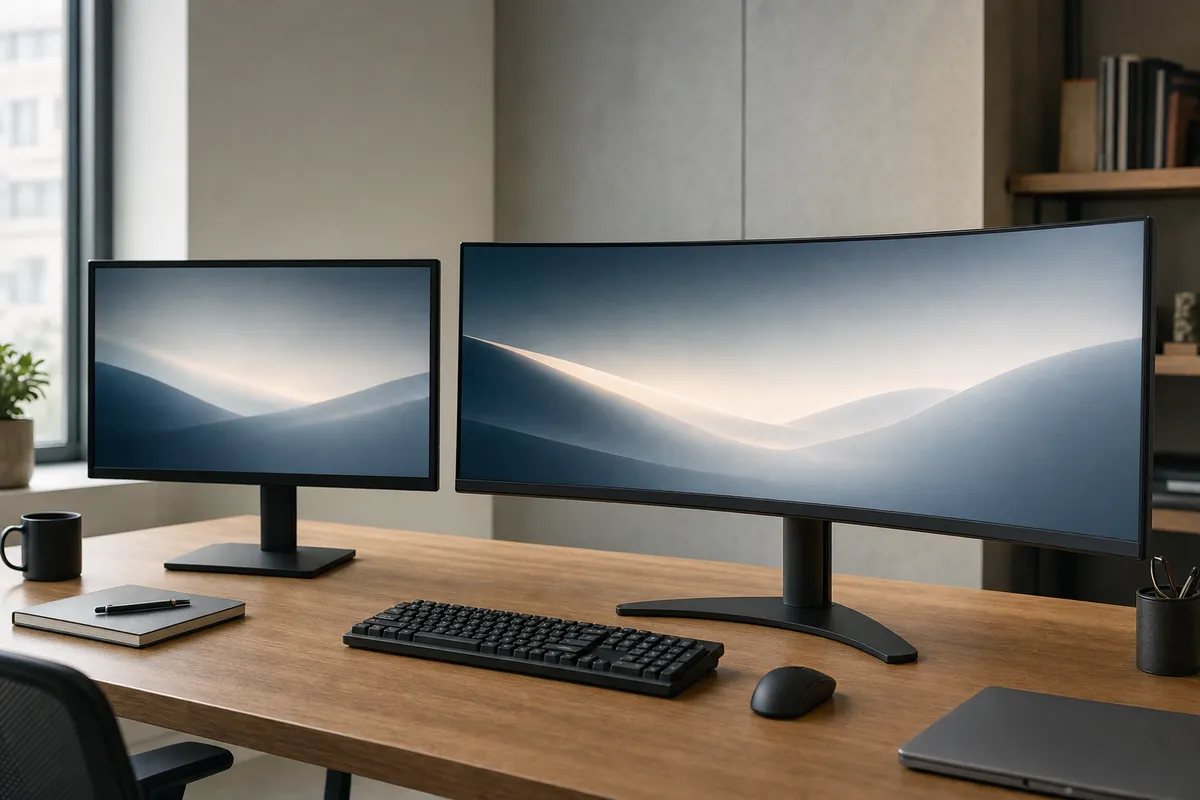 Postazione con due monitor, uno standard e uno ultrawide curvo, su scrivania in legno con tastiera e mouse